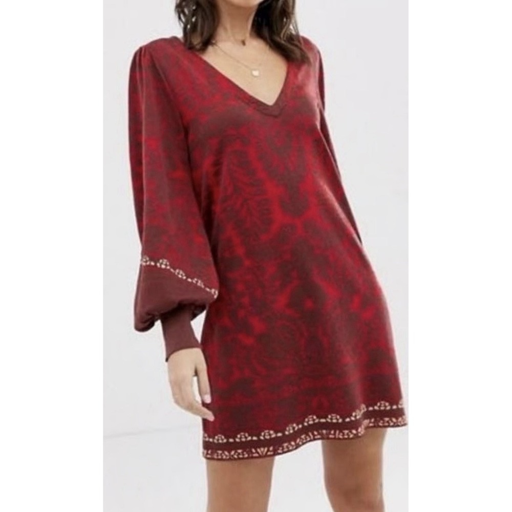 FREE PEOPLE Music Lyrics Bishop Stretch Knitted Mini Dress Puff Sleeves Size XS
